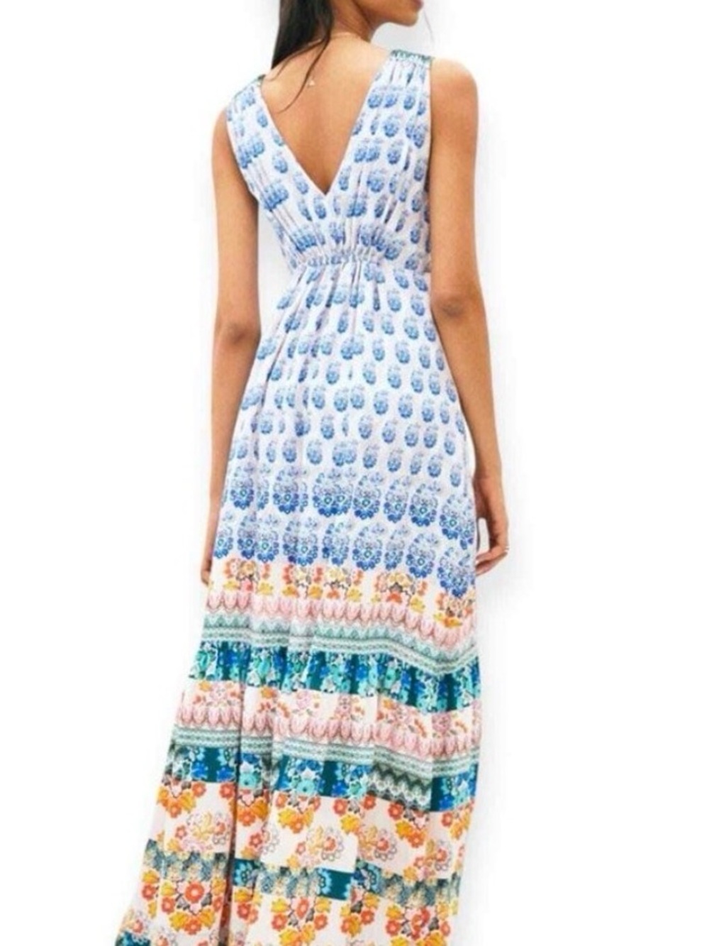 Anthropologie Sleeveless Maxi Dress in Blue and Multicolor Floral Bands